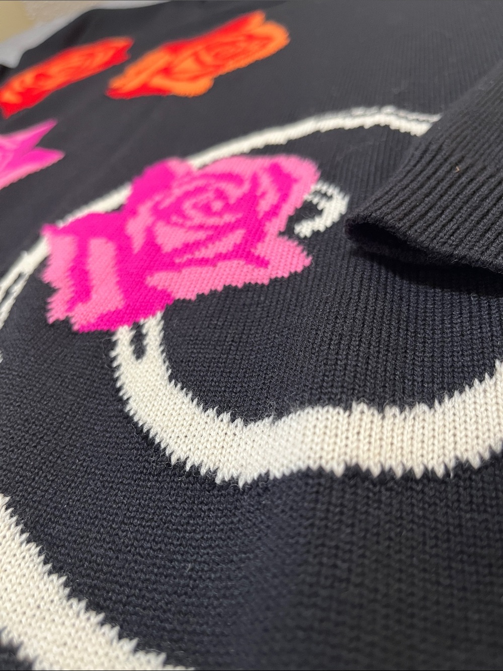 Vintage Escada Black Wool Sweater with Red Orange and Pink Rose Motif - Picture 2 of 5